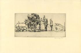 Hügelige Landschaft mit Pappelgruppe